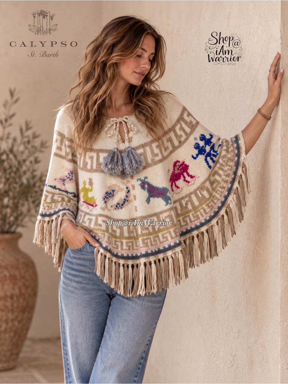Calypso St. Barth Zodiac Baby Alpaca Pom Pom Tassel Fringe Poncho